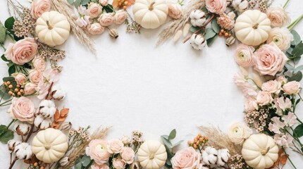Obraz premium A beautiful floral frame composed of soft pinks creams and lush greenery perfect for a thanksgiving greeting or elegant invitation design