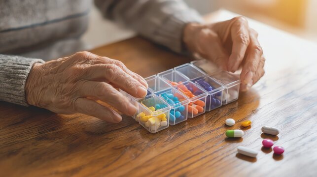 Elderly hands organizing medication weekly.