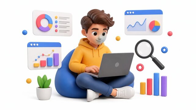 Youngster Analyzing Data: A stylized young man, engrossed in his laptop, surrounded by colorful charts and graphs, embodies the digital age of data analysis and learning.