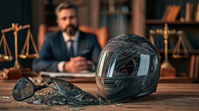 A shattered motorcycle helmet on a desk with a man in a suit and scales of justice blurred in the background, symbolizing a legal case or accident.