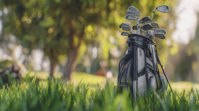 Golf clubs resting in lush green grass.