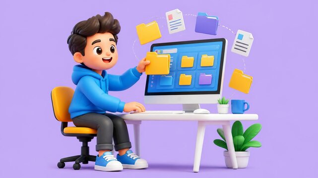 Digital Organization Joy: A cheerful cartoon boy excitedly organizes digital files on a computer screen, depicting a vibrant and playful approach to data management and technological learning.