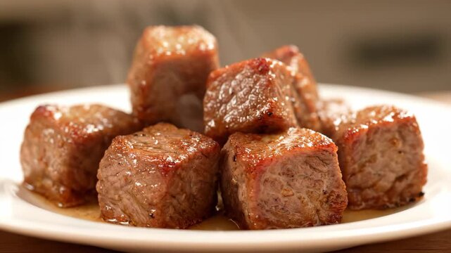 Cooked beef cubes on a plate, steaming hot pan-fried beef cubes