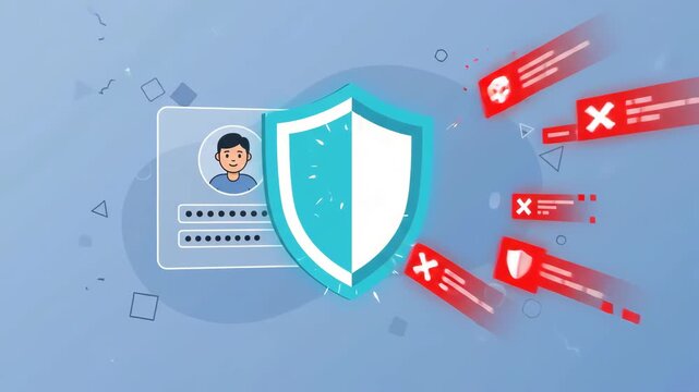 digital security shield protecting a user login profile from incoming red malware attack notifications against an abstract blue background with floating geometric shapes representing cyber defense