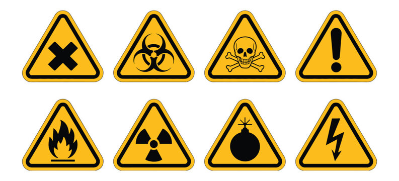 Danger warning sign icons, hazardous material vector symbols including skull, poison, biohazard, toxicity, and safety warnings for industrial signage.