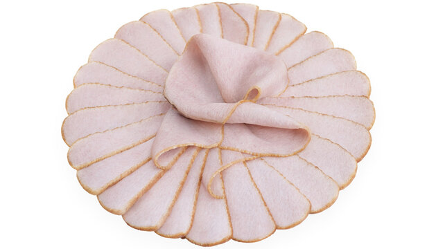 A top view of thinly sliced turkey breast deli meat arranged in a circular pattern isolated on a white background for culinary transparent background