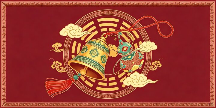 Golden Bell Gourd Bagua Compass Red Tassels Clouds Deep Red