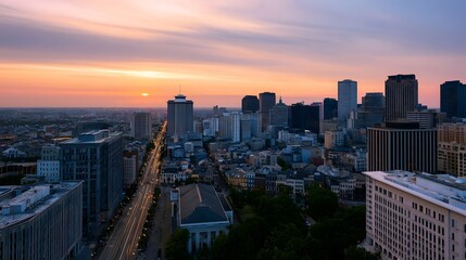 Fototapeta premium A vibrant cityscape at sunset with tall buildings glowing streets and colorful sky above urban architecture