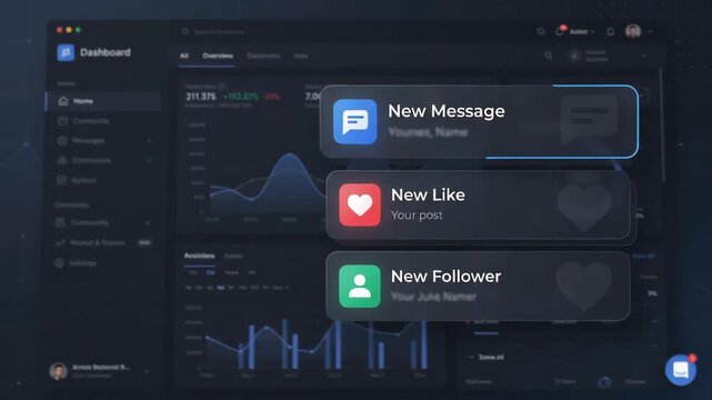 dark mode software dashboard displaying incoming social media notifications with heart and message icons appearing over analytics charts and professional financial data graphs in the background