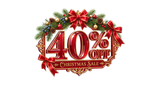 Christmas sale 40 percent off promotion, festive holiday discount banner with red ribbons and pine wreath, luxury gold and red winter shopping offer isolated PNG with Transparent Background