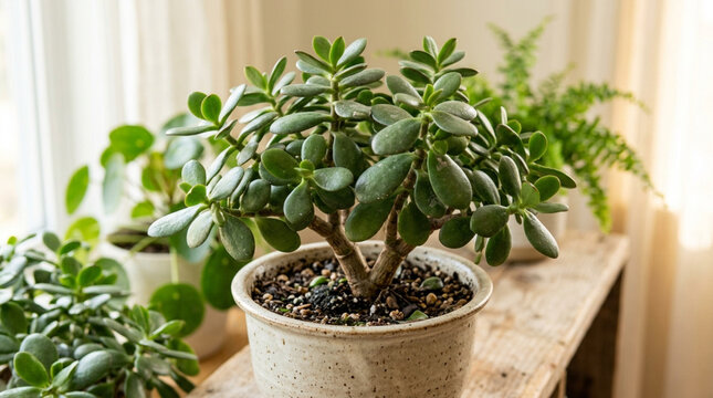 Potted Jade Plant (Crassula Ovata) and other houseplants on wooden shelf near window