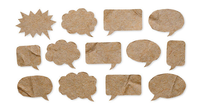 Set of brown cardboard speech bubbles isolated on transparent background