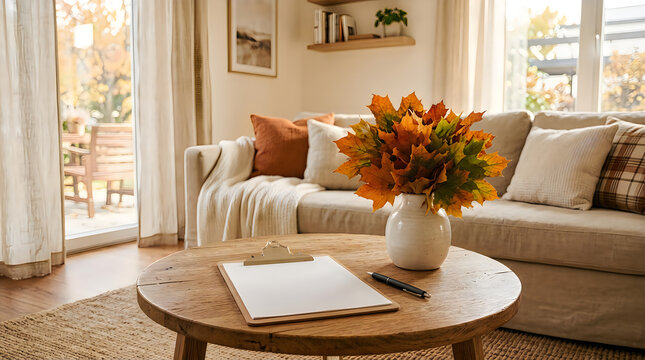 Bright living room interior with floral arrangement and open book on coffee table
