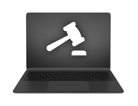 Un port&aacute;til negro con un icono de mazo en la pantalla png transparente, ideal para conceptos legales, justicia digital y derecho en l&iacute;nea de forma moderna y clara.