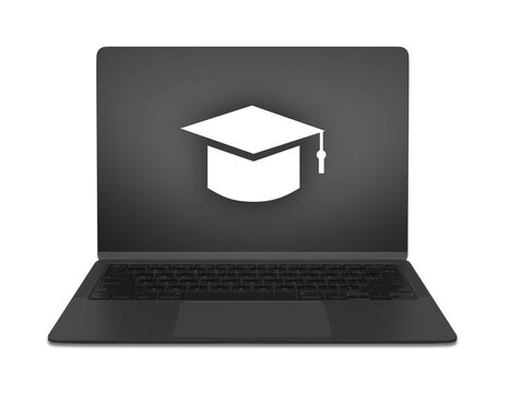 Ordenador port&aacute;til moderno con birrete de graduaci&oacute;n en la pantalla, archivo png transparente, ideal para educaci&oacute;n digital, e-learning y cursos online.