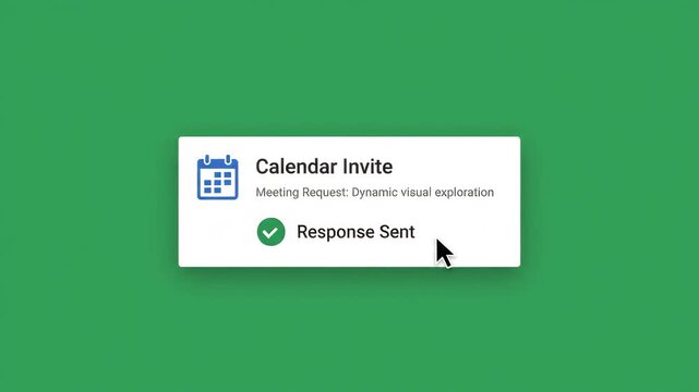 digital cursor clicks the accept button on a calendar meeting invitation pop-up window set against a solid green background illustrating modern professional scheduling and software interaction