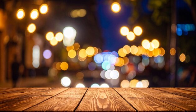 Wooden table, blurred bokeh background background. Neon light, night view, close-up. The general background of the interior, a dark background.