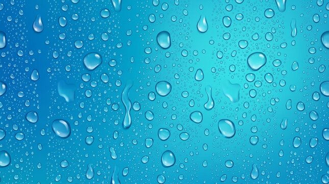 Spherical water droplets of various sizes cling to a background surface featuring alternating shades of dark and light blue