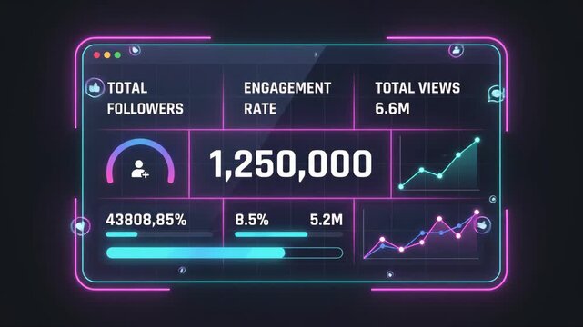 digital analytics dashboard displaying social media engagement metrics and follower growth statistics in a neon-styled graphical user interface window set against a dark background