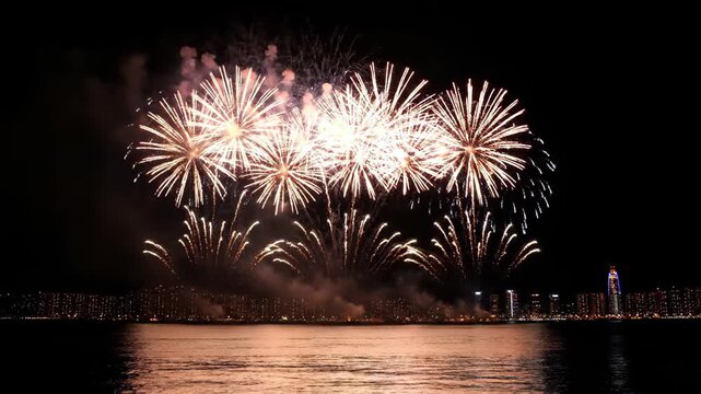 Brilliant fireworks blooming in the city night sky, fireworks blooming at sea night view