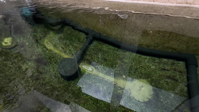 Tamasaba goldfish swim near mossy pond wall in japan bringing peaceful calm joy to clear water green canal environment view