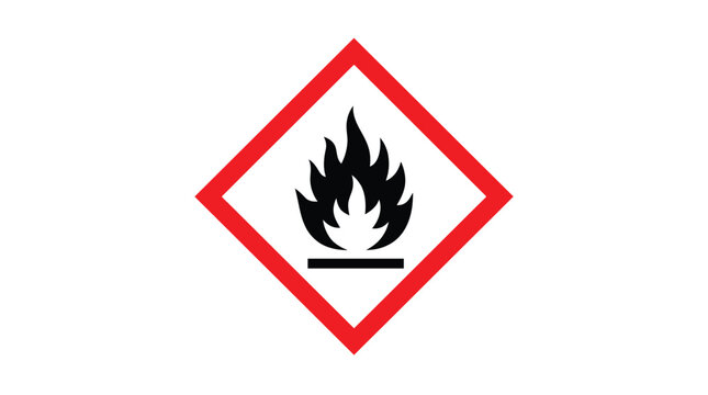 Flammable hazard warning symbol presented as a clean vector graphic design featuring a bold red diamond border and a solid black fire flame icon illustration