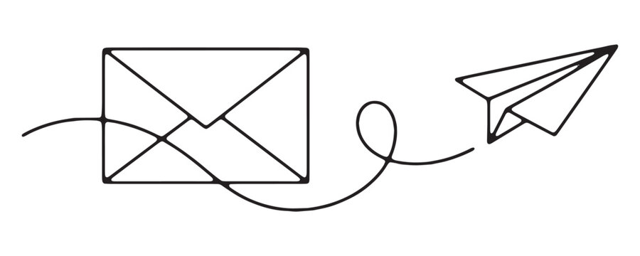 Paper plane flying from mailing envelope with long swirly line path illustration for communication.
