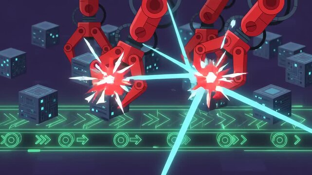 robotic arms handle electronic blocks on a glowing green conveyor belt inside a futuristic automated factory with complex digital data circuits displayed in the background