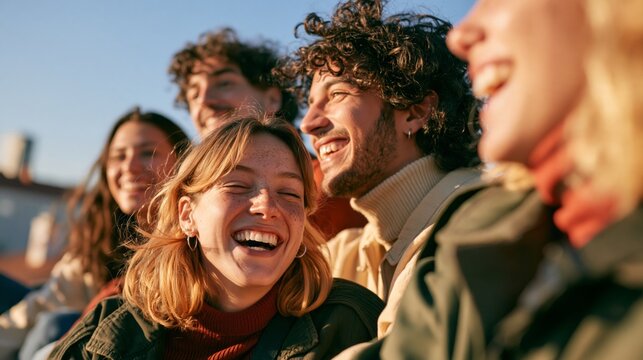 Sunlit group laughs joyfully outdoors