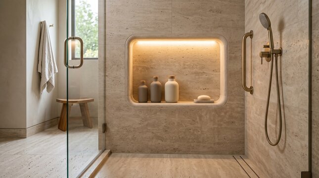 Modern Accessible home walk-in shower featuring beige stone tiles, built-in lit niche, and elegant brass fixtures