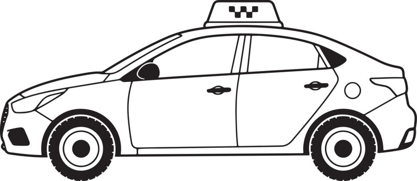 A simple black outline drawing of a modern taxi sedan viewed from the side. Clean vector line art, no shading, coloring book page style, taxi light box on top of the roof, isolated on a plain white ba