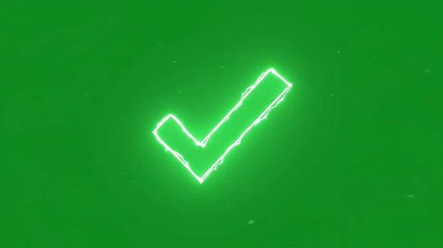 glowing white neon checkmark symbol appears against a solid green screen background conveying completion approval and success in a digital visual format