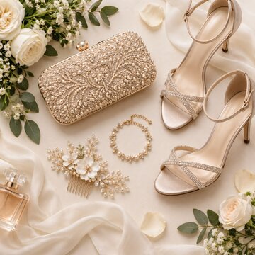 Elegant Wedding Guest Accessories Flat Lay with Beaded Clutch and Heels