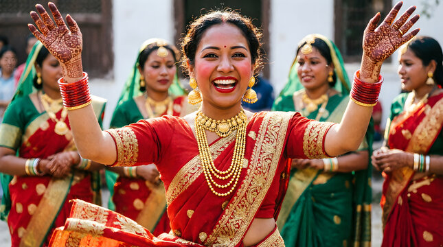 Nepali Women Dancing and Celebrating Traditional Teej Festival