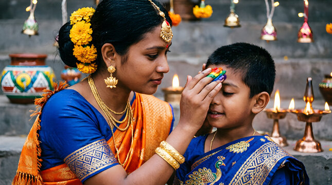 Nepali Sister Applying Bhai Tika to Brother During Tihar Festival
