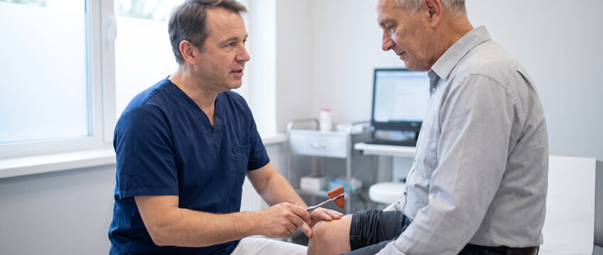 Neurologist testing knee reflex during neurological examination