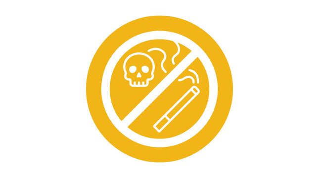 Forbidden yellow cigarette icon featuring a white skull design inside a circular bold warning sign symbol