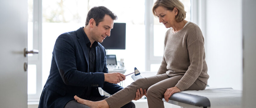 Neurologist tests knee reflex during routine neurological examination, assessing nerve function, diagnosis, preventive care and patient health during specialist consultation.