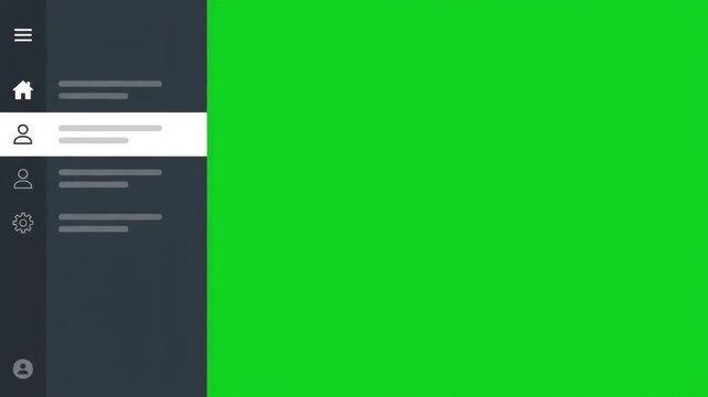 digital user interface sidebar menu displayed on a computer screen featuring a highlighted home icon section against a solid bright chroma green background for easy content overlay and compositing