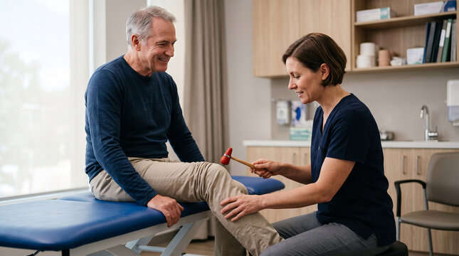 Neurologist tests knee reflex during routine neurological examination, assessing nerve function, diagnosis, preventive care and patient health during specialist consultation.
