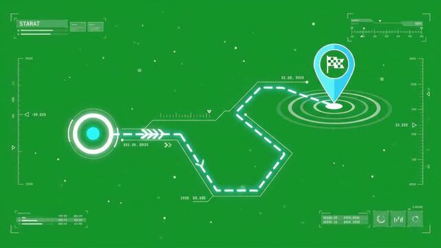 digital neon pathway route tracking across a holographic heads-up display interface shown against a solid green screen background used for compositing and visual effects production
