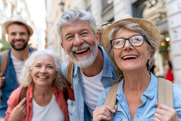 Fototapeta premium Sunlit street, smiling seniors on a joyful outing. Group laughs, enjoying travel together. Natural light, warm tones, friendly atmosphere. Perfect for retirement, senior travel