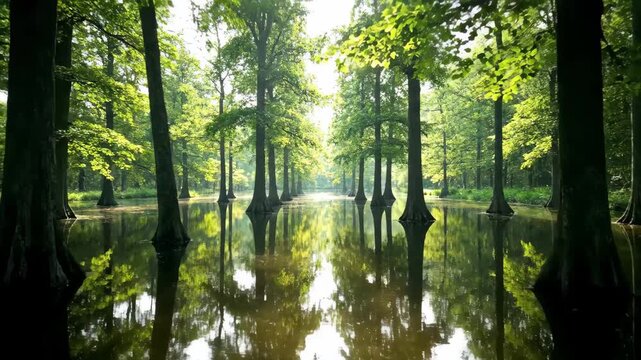 Forest water landscape under sunlight, with natural reflections of metasequoia trees