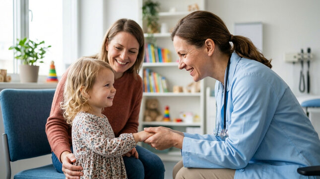 Doctor smiling at child and mother in pediatric clinic exam room