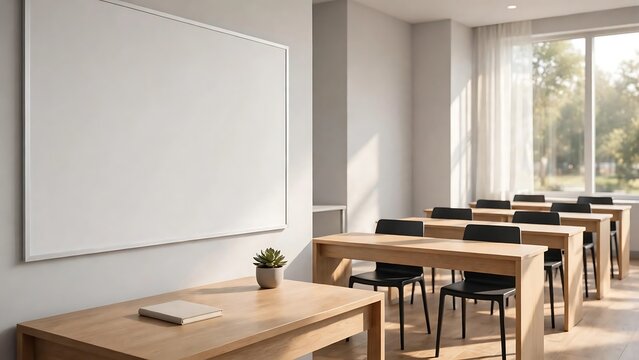 A bright, modern classroom with a large whiteboard, wooden tables, and chairs, illuminated by natural light from a window.