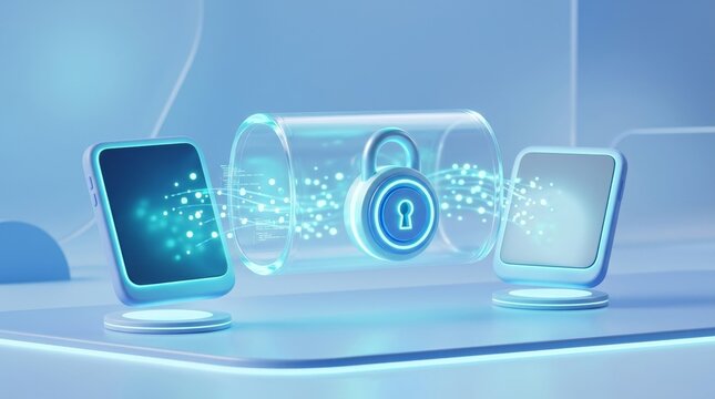 Protecting Sensitive Information with Secure Data Encryption, Digital security concept with devices and a lock symbolizing protection and data transfer.