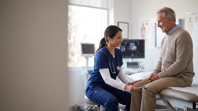 Neurologist tests knee reflex during routine neurological examination, assessing nerve function, diagnosis, preventive care and patient health during specialist consultation.