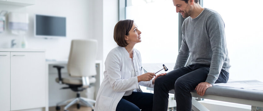 Neurologist tests knee reflex during routine neurological examination, assessing nerve function, diagnosis, preventive care and patient health during specialist consultation.