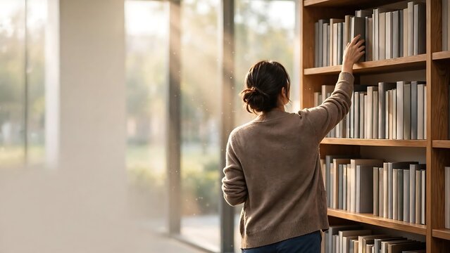 Rear view of a person selecting a book from a tall wooden shelf in a bright library or study with natural light.