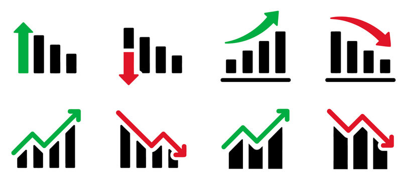 Collection of eight bar chart showing upward and downward trends with green and red arrows